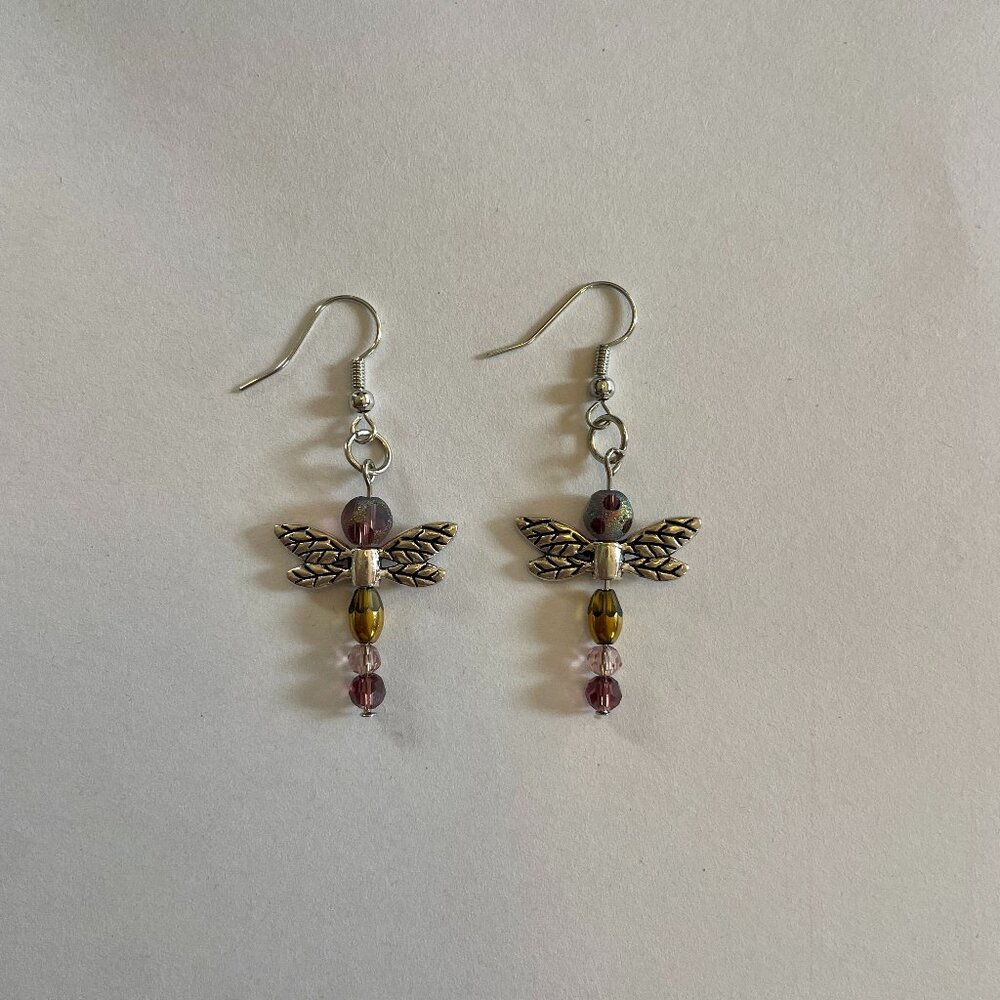 Homemade purple beaded sterling silver dragonfly earrings